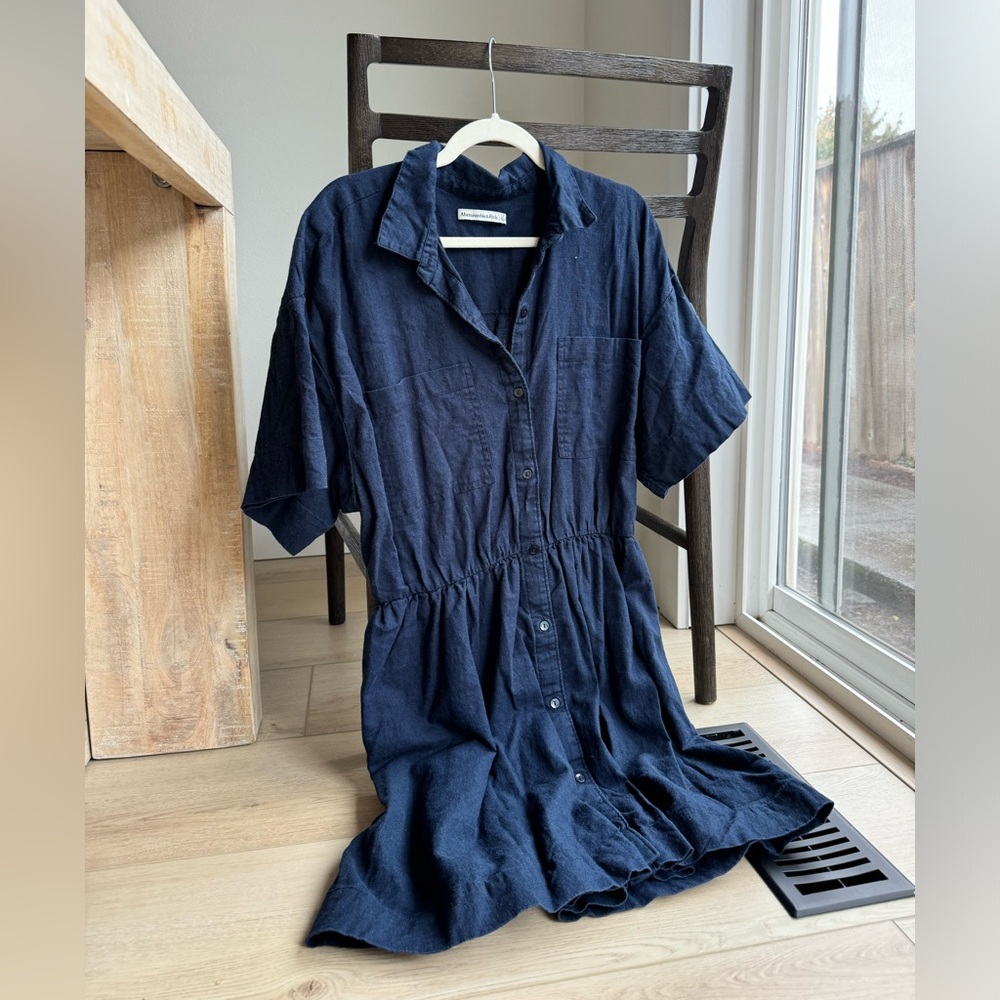 Navy Blue Linen Cotton Blend Above Knee Dress